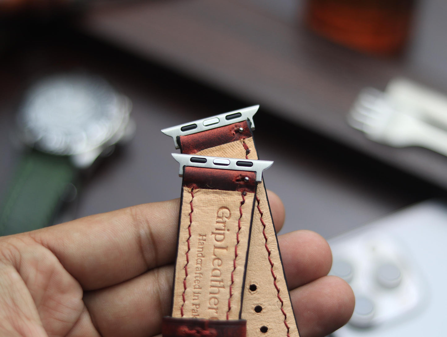 PREMIUM LEATHER STRAP MERLOT RED - FULL STITCHED (RED)