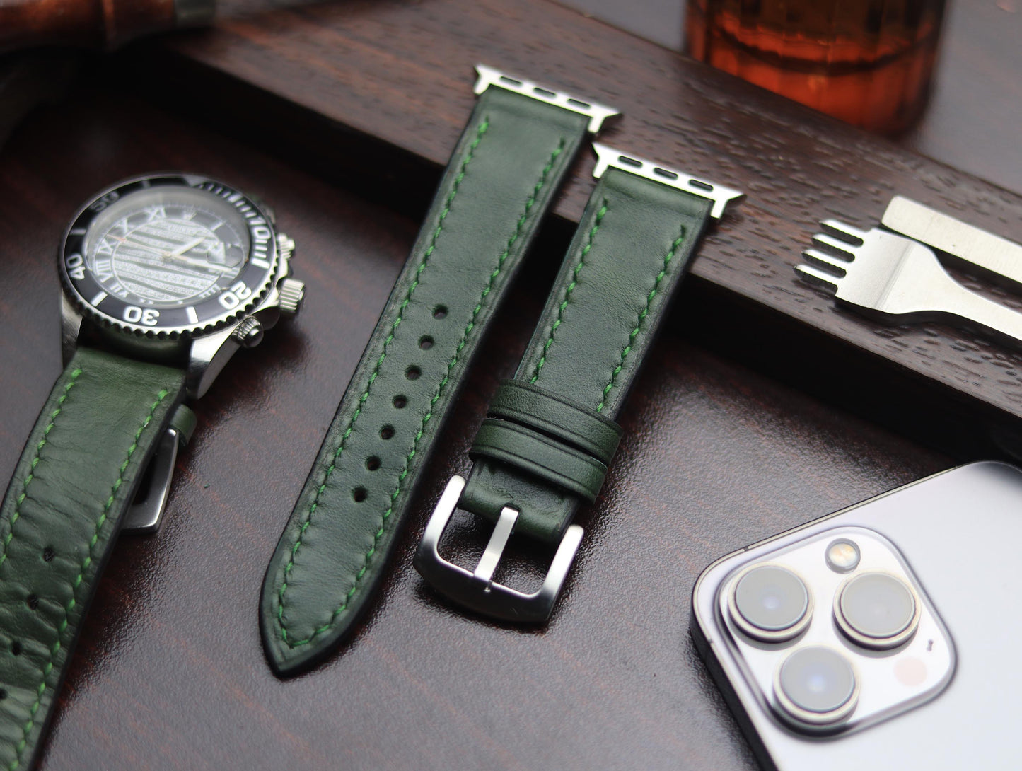 PREMIUM LEATHER STRAP FOREST GREEN -FULL STITCHED (GREEN)