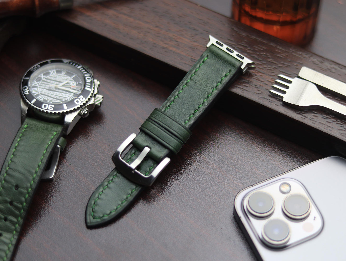 PREMIUM LEATHER STRAP FOREST GREEN -FULL STITCHED (GREEN)