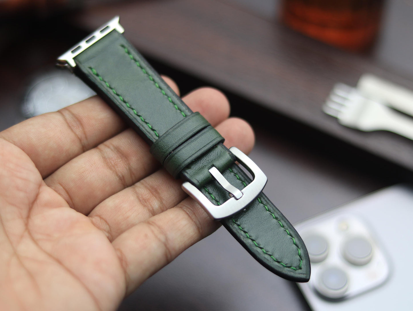 PREMIUM LEATHER STRAP FOREST GREEN -FULL STITCHED (GREEN)