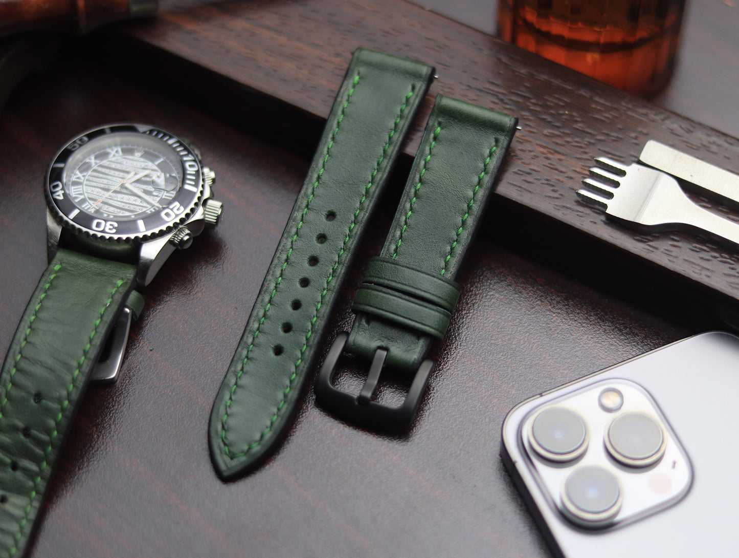PREMIUM LEATHER STRAP FOREST GREEN -FULL STITCHED (GREEN)