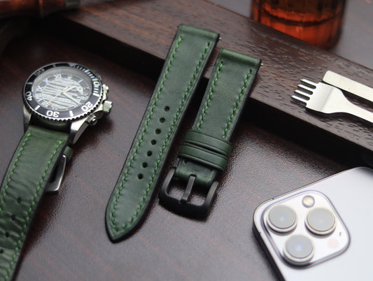 PREMIUM LEATHER STRAP FOREST GREEN -FULL STITCHED (GREEN)