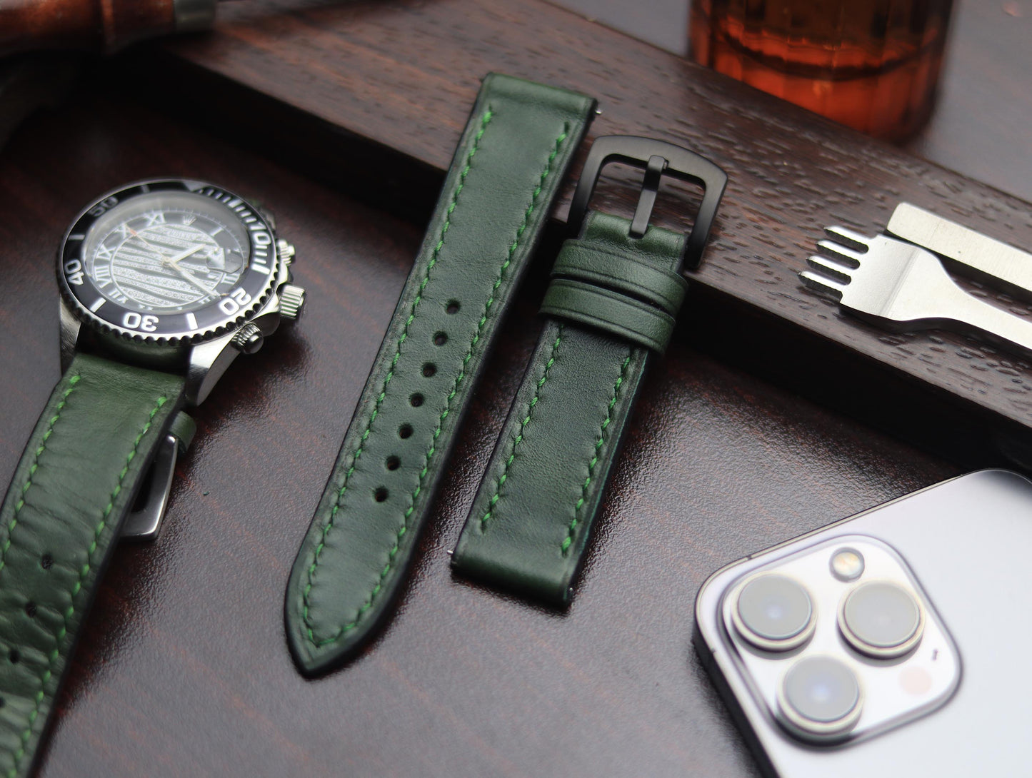 PREMIUM LEATHER STRAP FOREST GREEN -FULL STITCHED (GREEN)