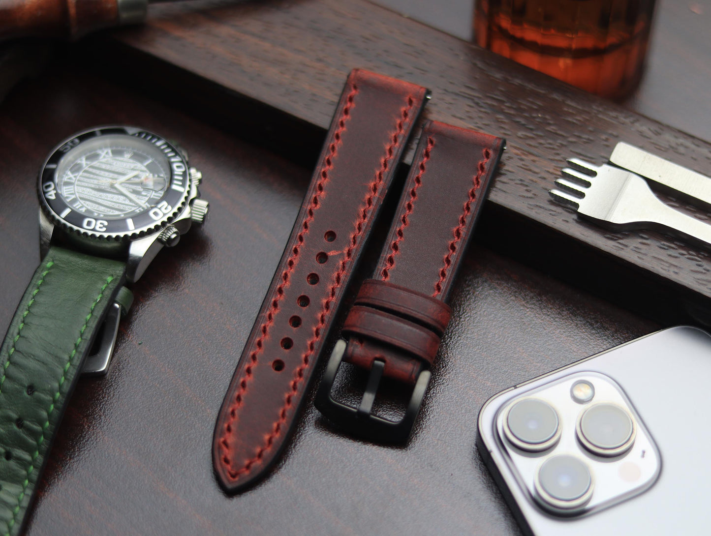 PREMIUM LEATHER STRAP MERLOT RED - FULL STITCHED (RED)