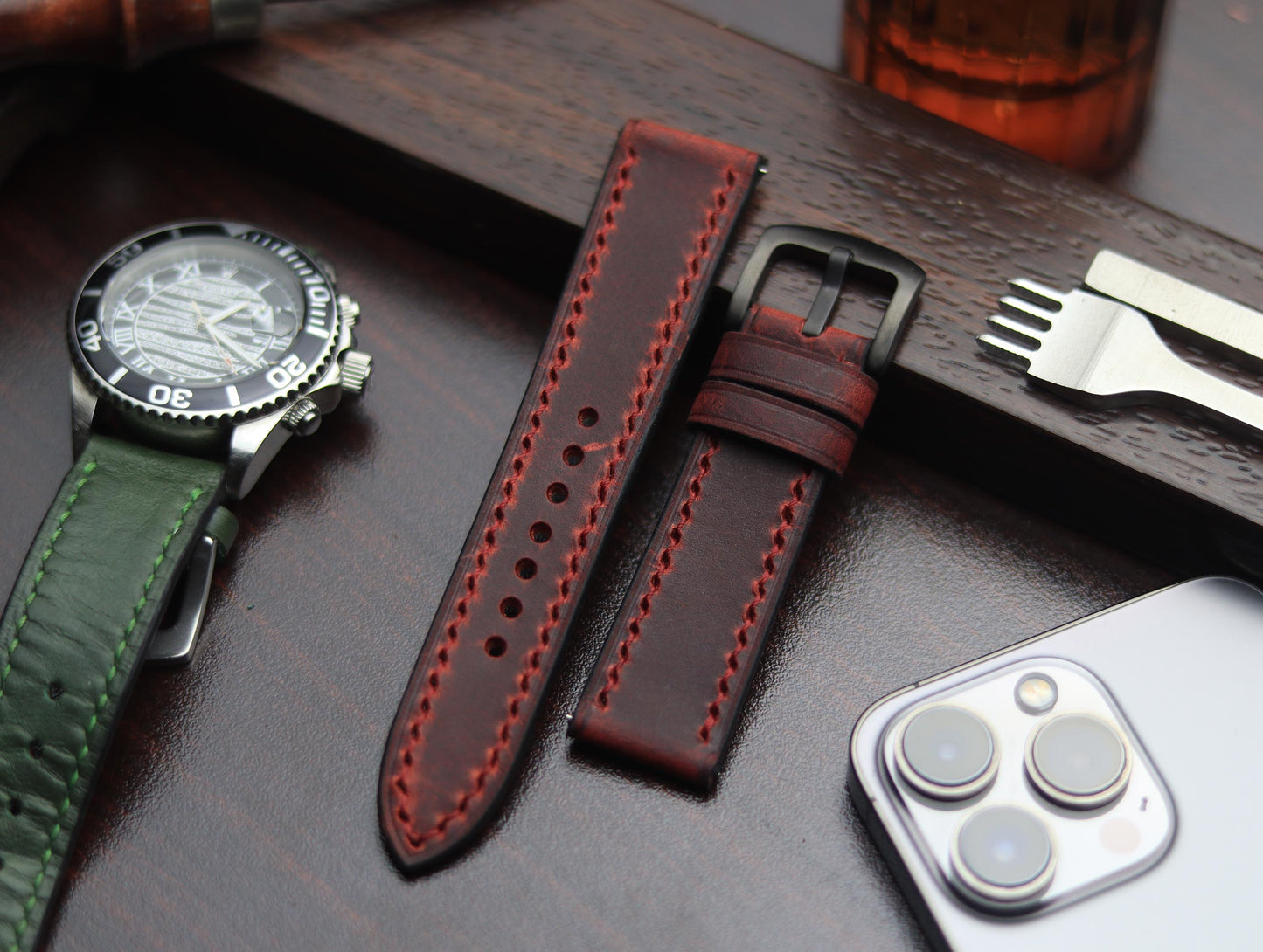 PREMIUM LEATHER STRAP MERLOT RED - FULL STITCHED (RED)