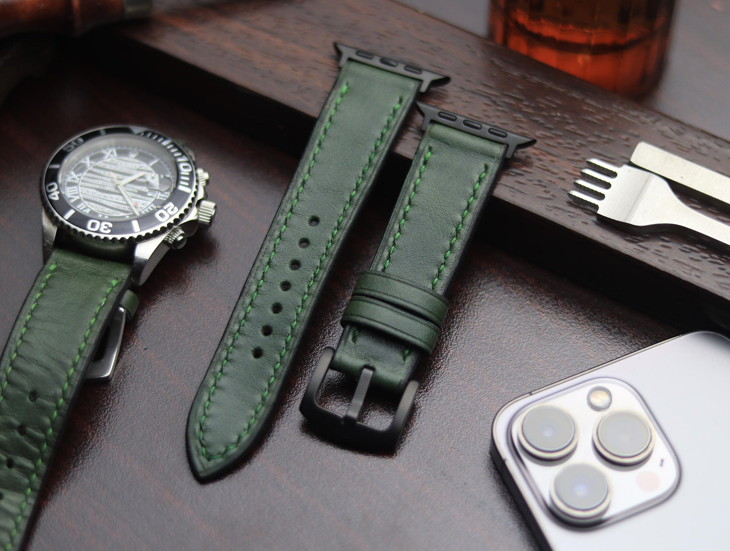 PREMIUM LEATHER STRAP FOREST GREEN -FULL STITCHED (GREEN)