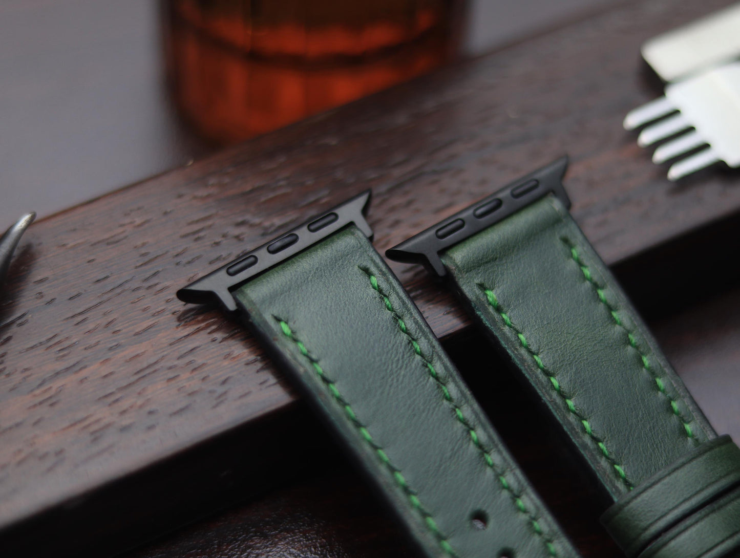 PREMIUM LEATHER STRAP FOREST GREEN -FULL STITCHED (GREEN)