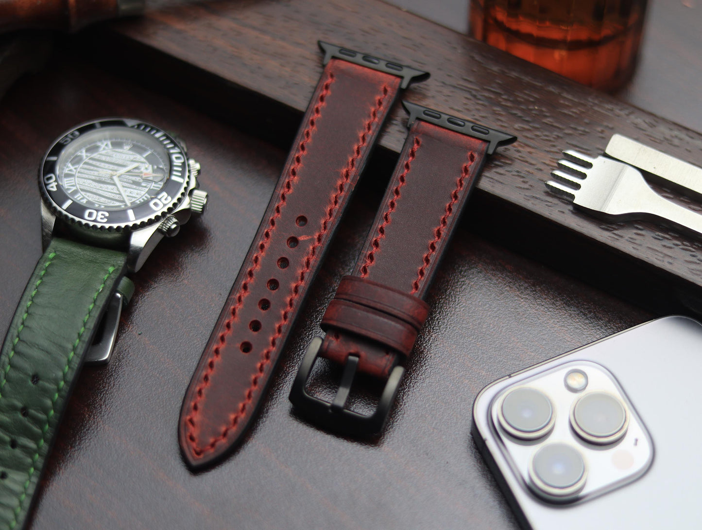 PREMIUM LEATHER STRAP MERLOT RED - FULL STITCHED (RED)