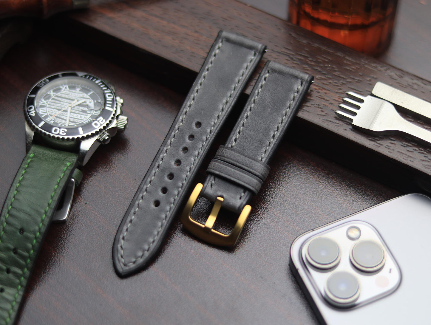 PREMIUM LEATHER STRAP EMPIRICAL GREY FULL STITCHED (GREY)