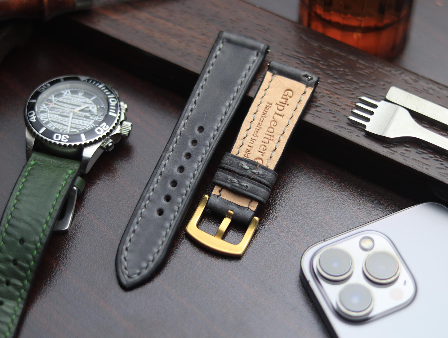PREMIUM LEATHER STRAP EMPIRICAL GREY FULL STITCHED (GREY)