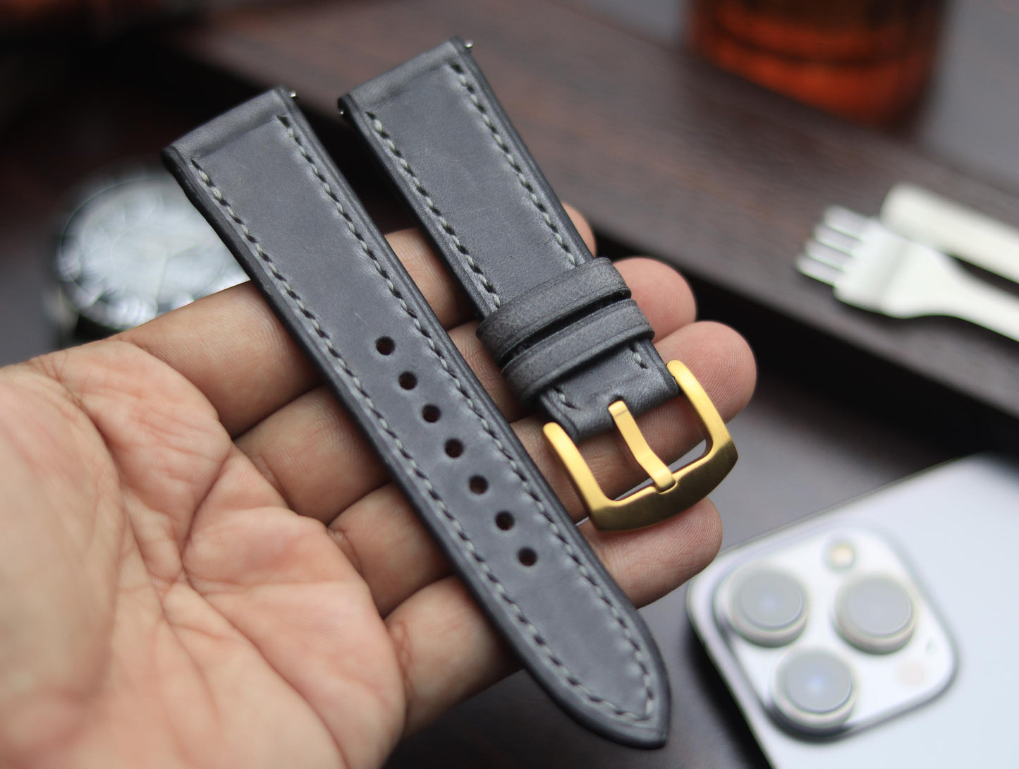 PREMIUM LEATHER STRAP EMPIRICAL GREY FULL STITCHED (GREY)