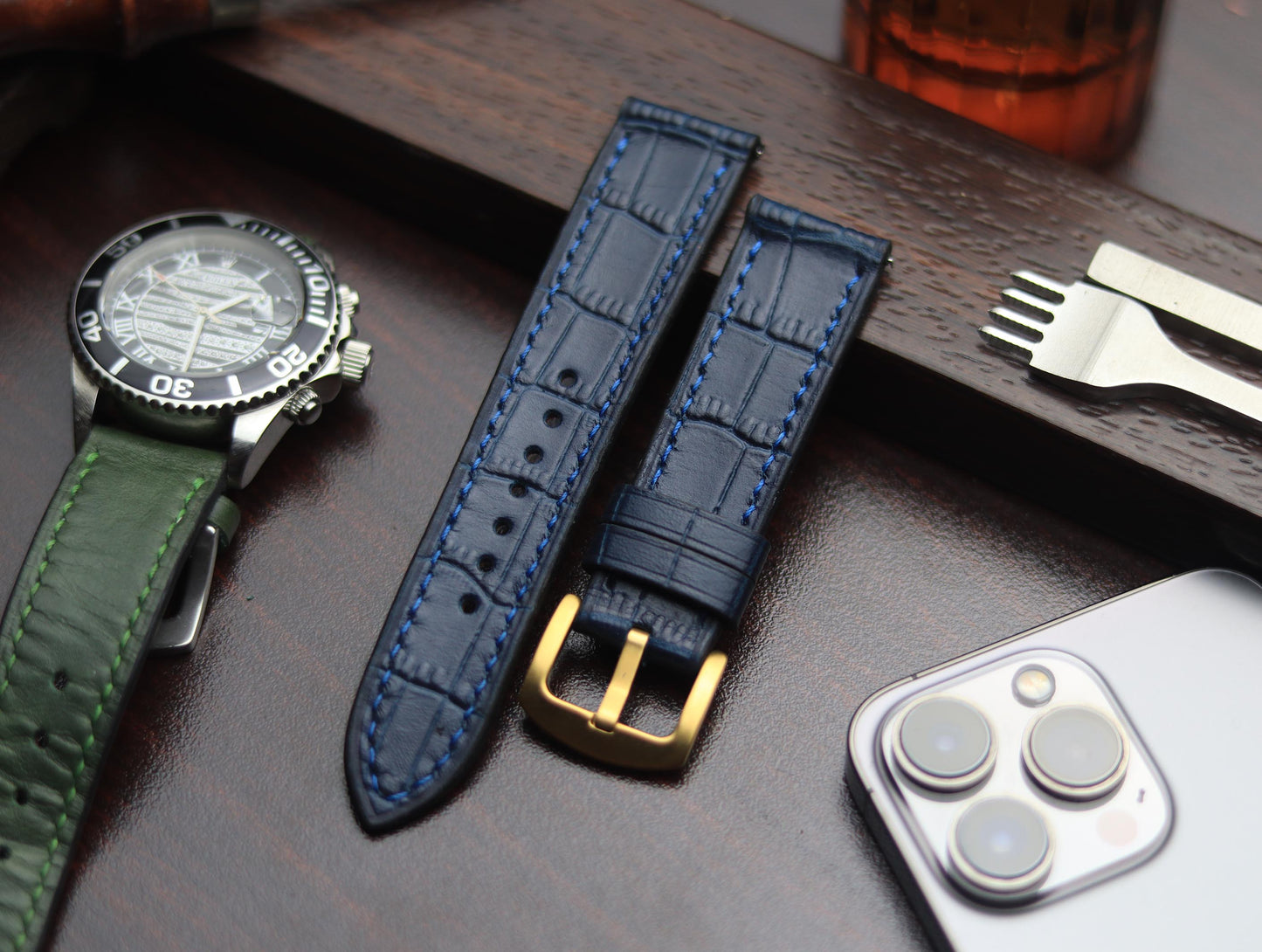 PREMIUM LEATHER STRAP SAPPHIRE BLUE - FULL STITCHED (BLUE)