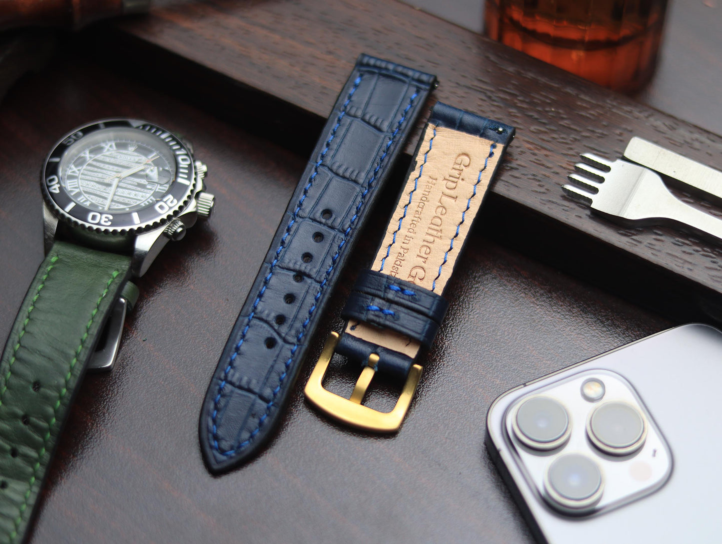 PREMIUM LEATHER STRAP SAPPHIRE BLUE - FULL STITCHED (BLUE)