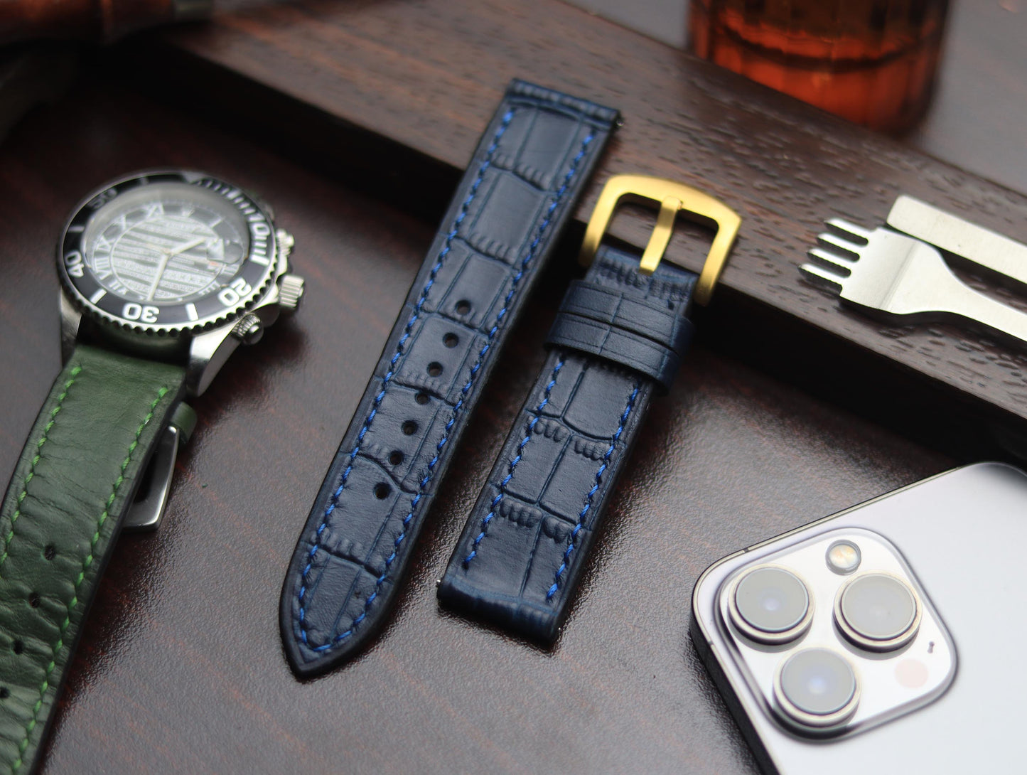 PREMIUM LEATHER STRAP SAPPHIRE BLUE - FULL STITCHED (BLUE)