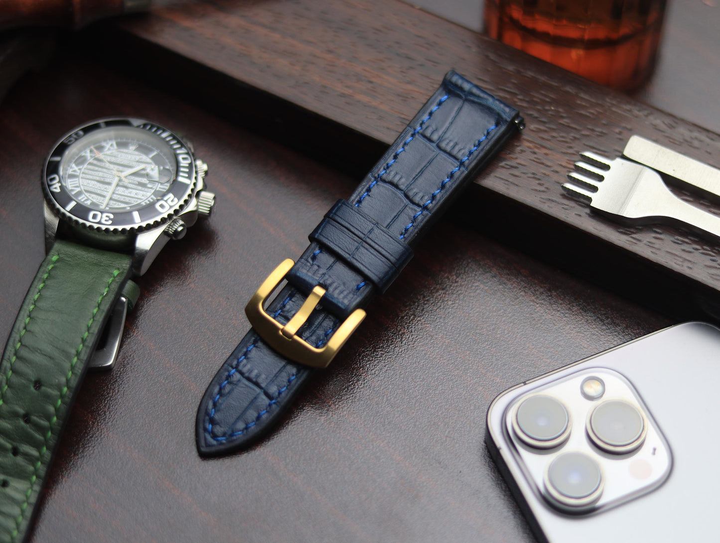 PREMIUM LEATHER STRAP SAPPHIRE BLUE - FULL STITCHED (BLUE)