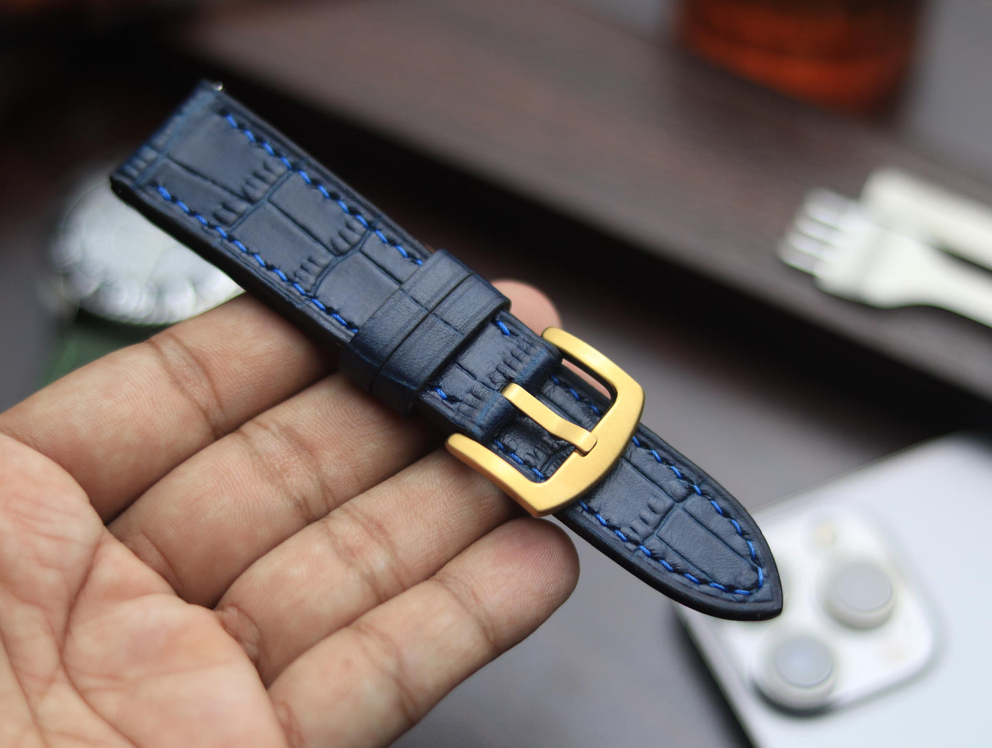 PREMIUM LEATHER STRAP SAPPHIRE BLUE - FULL STITCHED (BLUE)