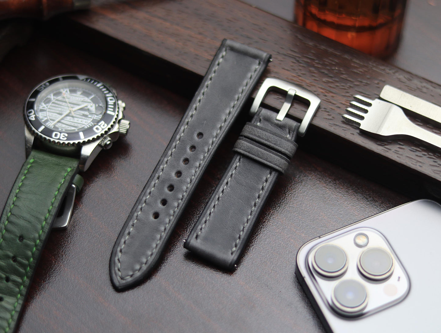PREMIUM LEATHER STRAP EMPIRICAL GREY FULL STITCHED (GREY)
