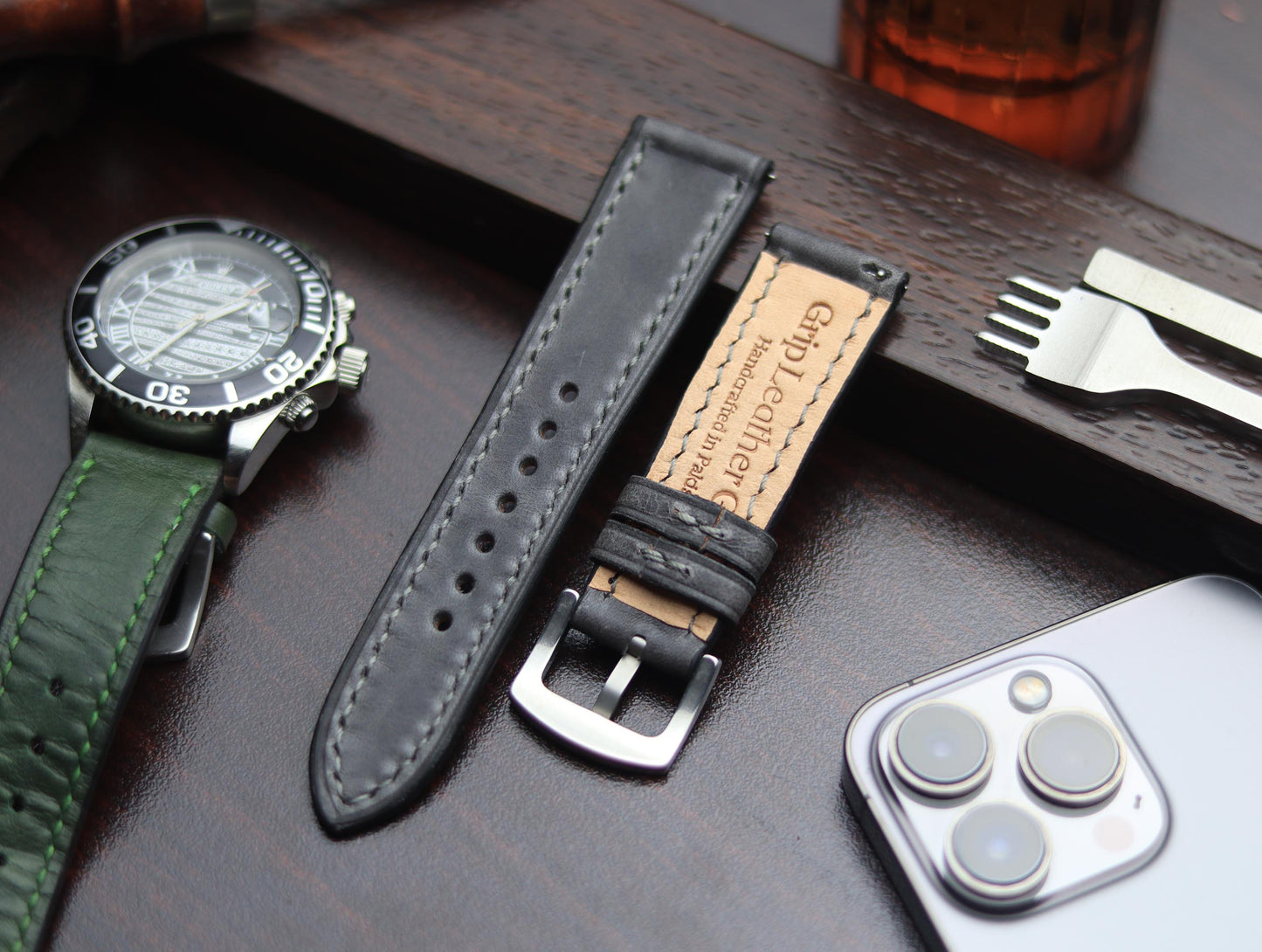 PREMIUM LEATHER STRAP EMPIRICAL GREY FULL STITCHED (GREY)