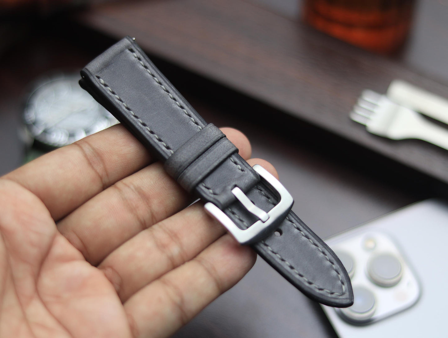 PREMIUM LEATHER STRAP EMPIRICAL GREY FULL STITCHED (GREY)