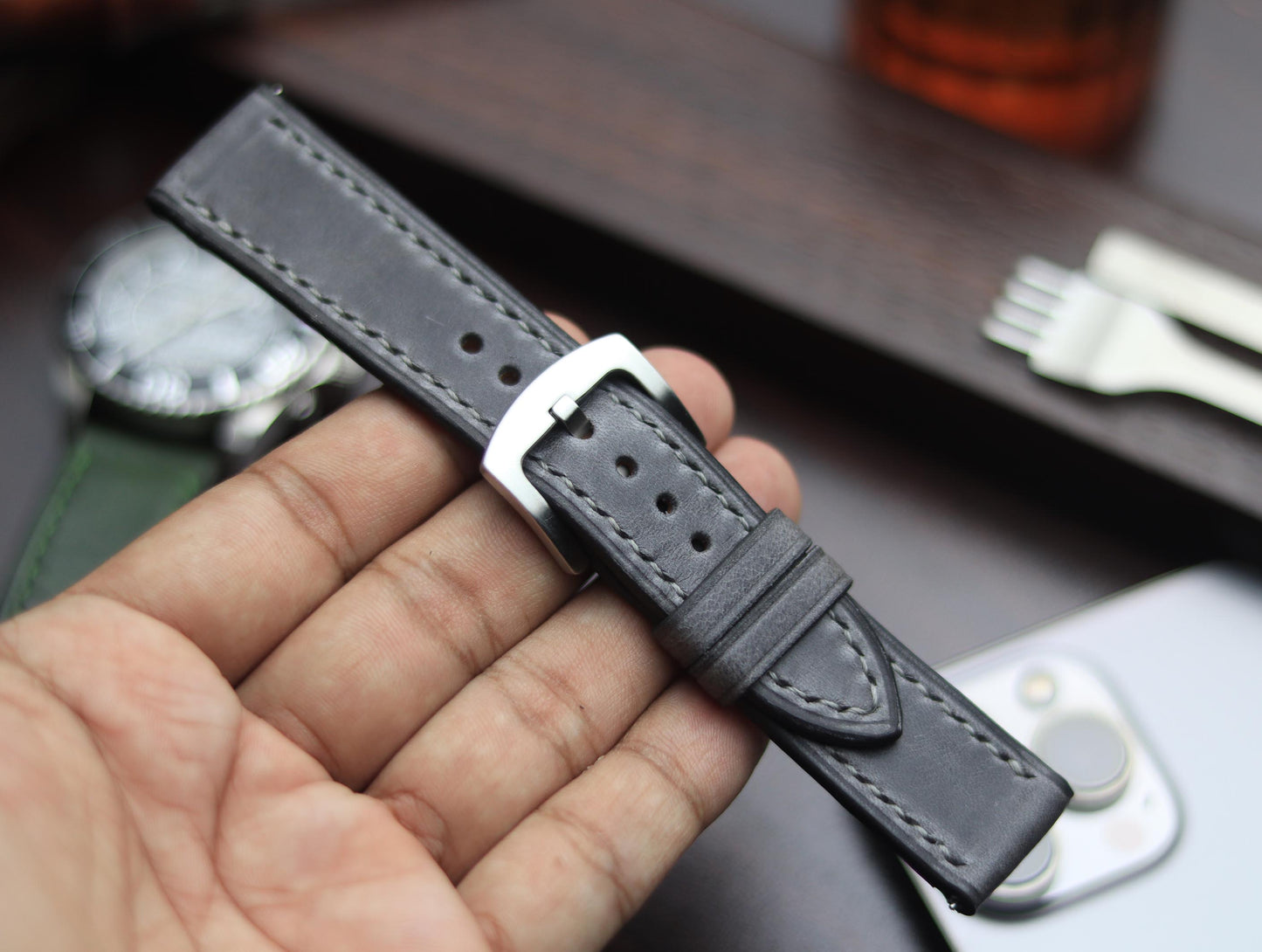PREMIUM LEATHER STRAP EMPIRICAL GREY FULL STITCHED (GREY)