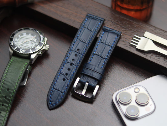 PREMIUM LEATHER STRAP SAPPHIRE BLUE - FULL STITCHED (BLUE)