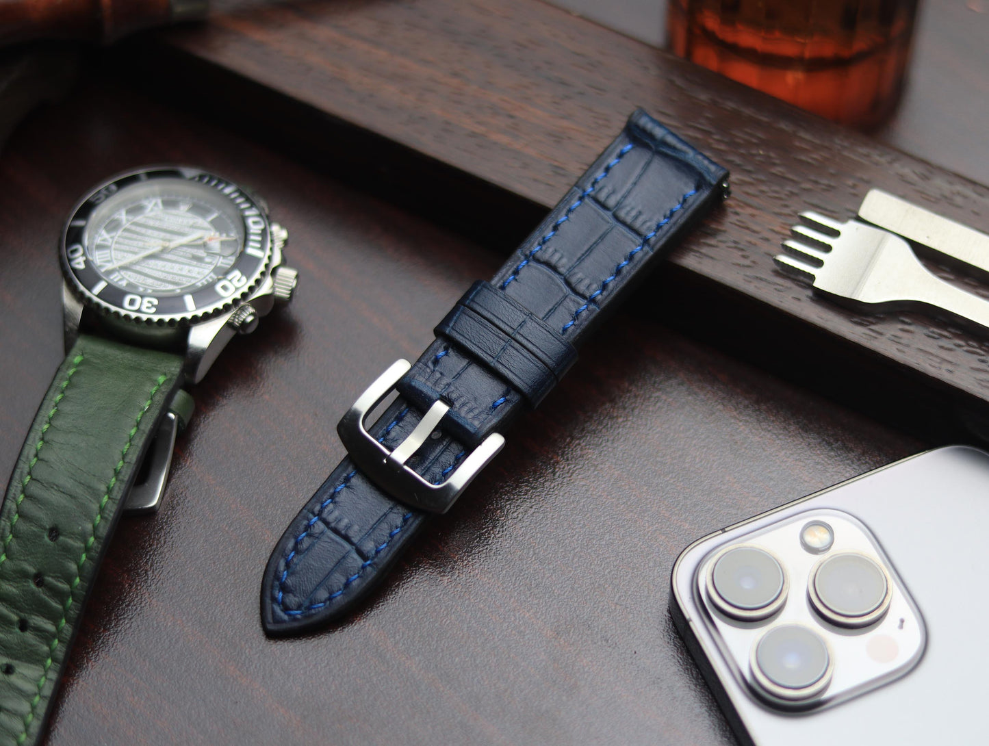 PREMIUM LEATHER STRAP SAPPHIRE BLUE - FULL STITCHED (BLUE)