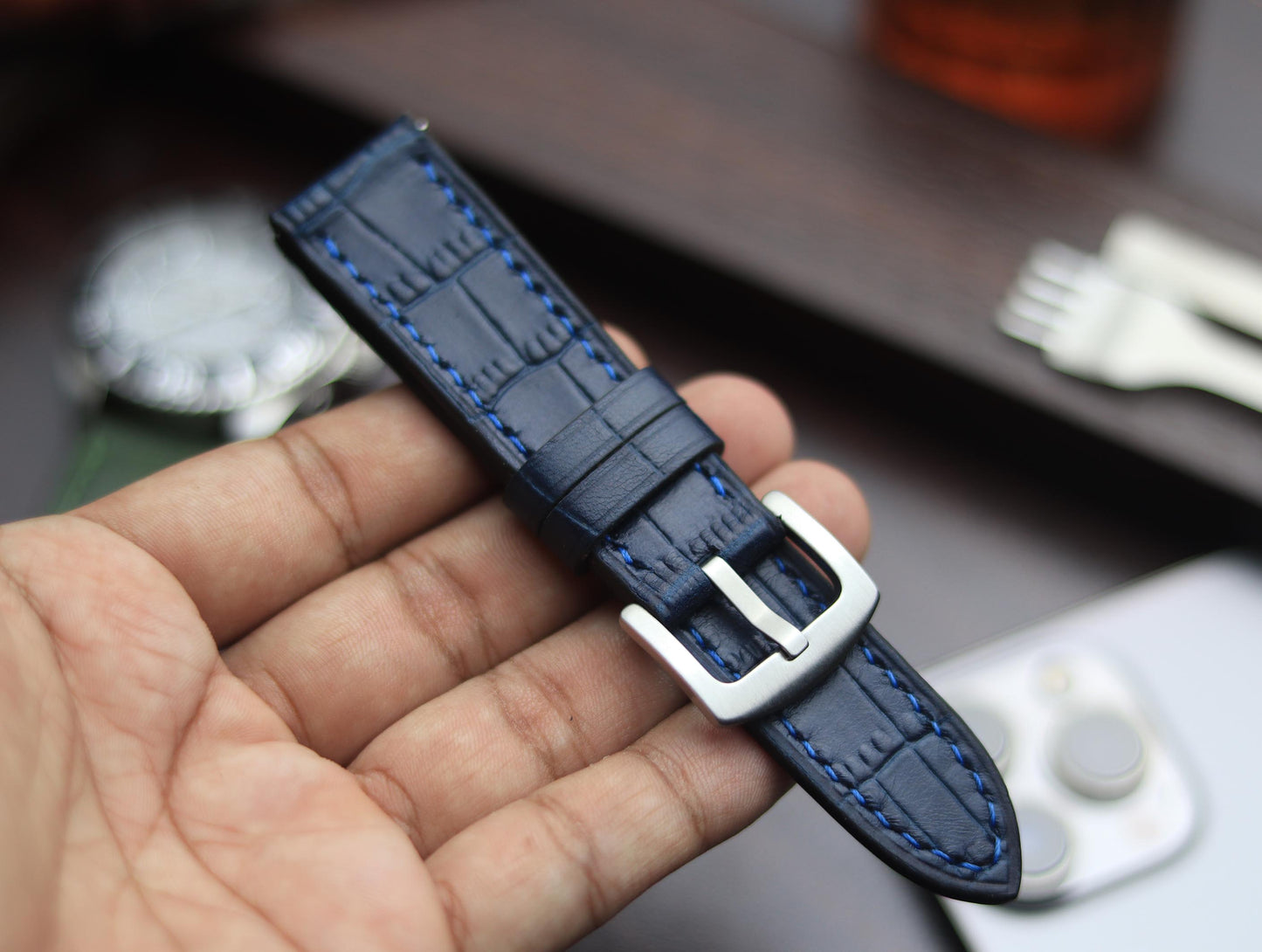 PREMIUM LEATHER STRAP SAPPHIRE BLUE - FULL STITCHED (BLUE)