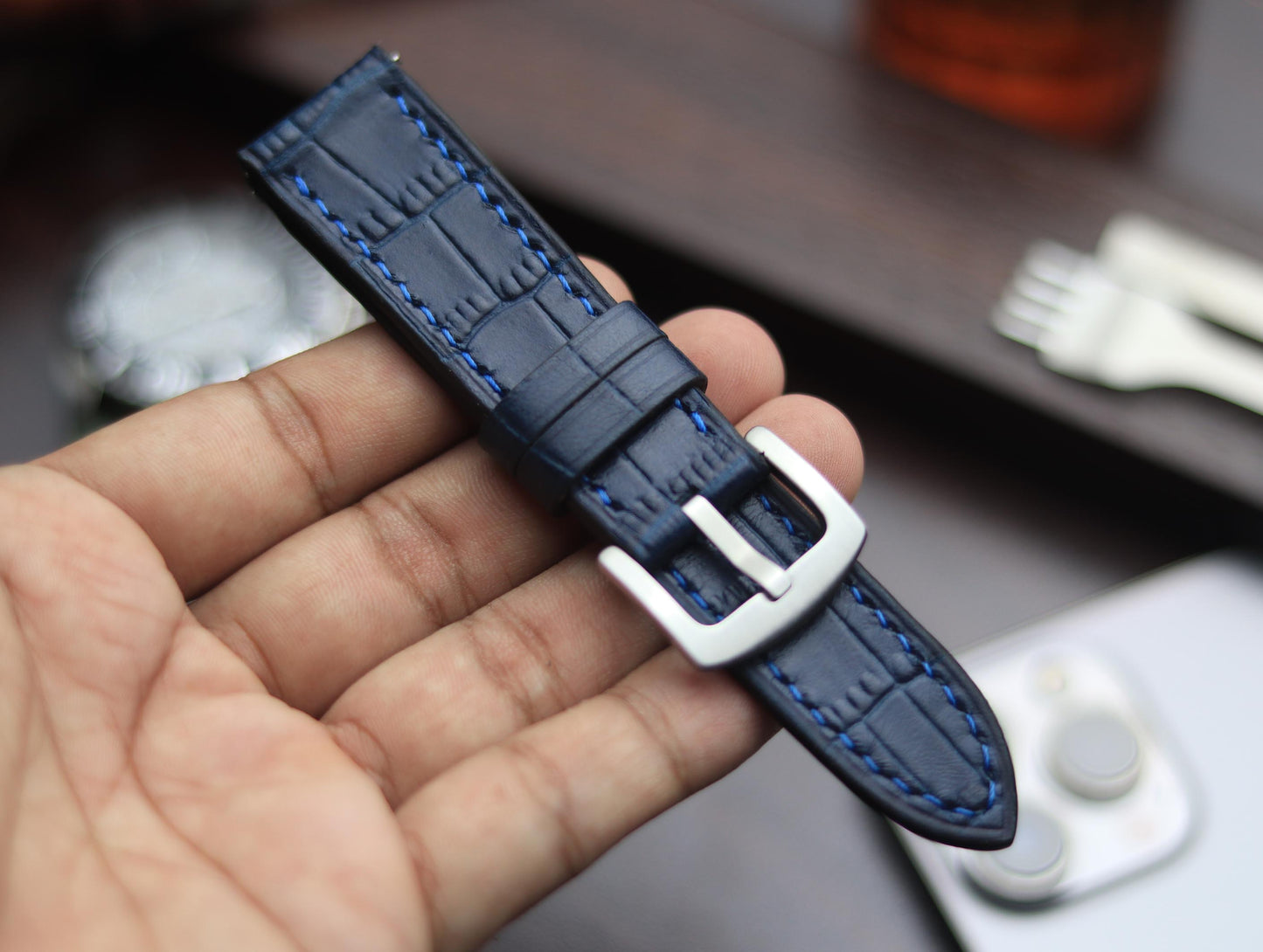 PREMIUM LEATHER STRAP SAPPHIRE BLUE - FULL STITCHED (BLUE)