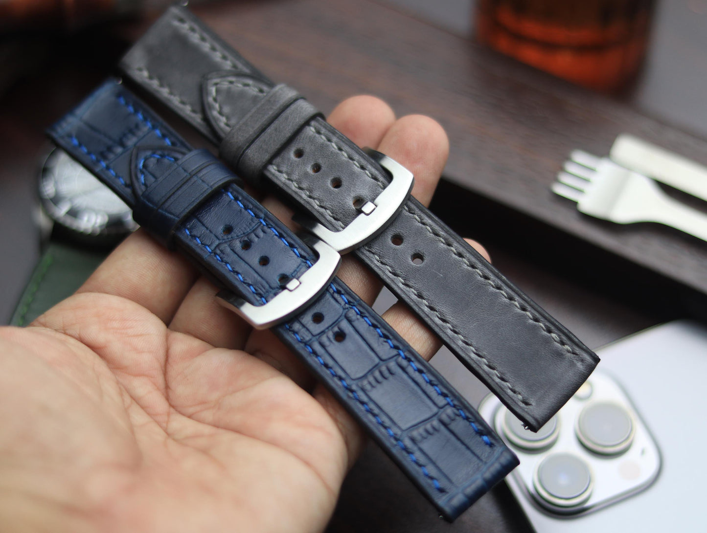 PREMIUM LEATHER STRAP SAPPHIRE BLUE - FULL STITCHED (BLUE)
