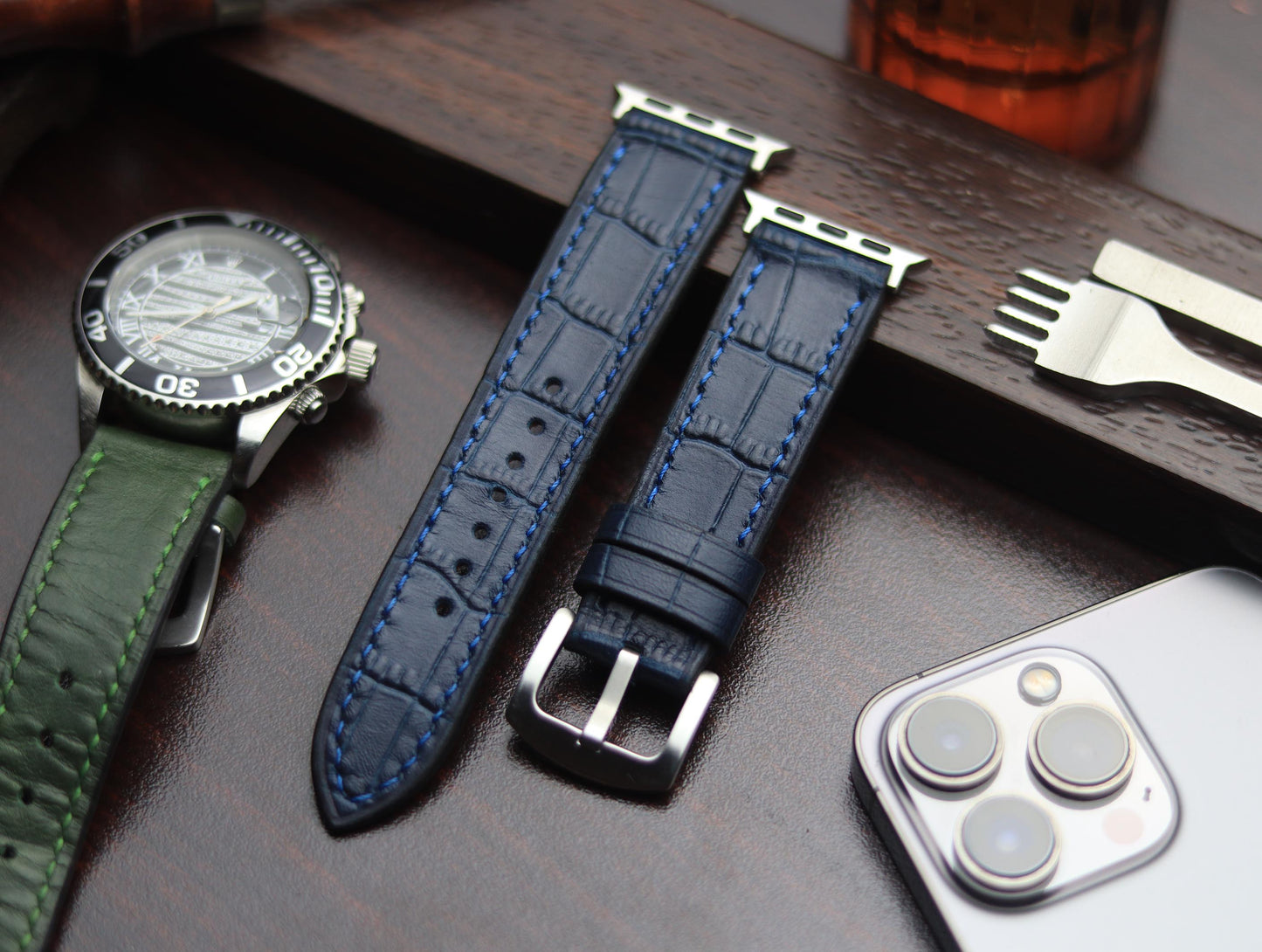 PREMIUM LEATHER STRAP SAPPHIRE BLUE - FULL STITCHED (BLUE)