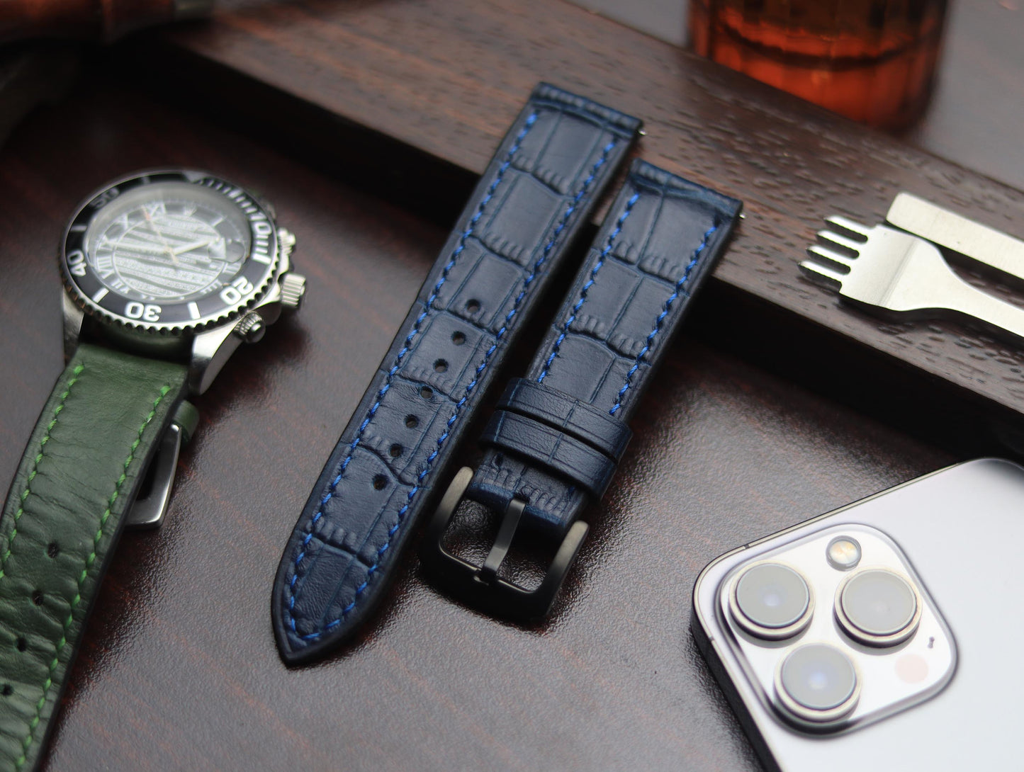 PREMIUM LEATHER STRAP SAPPHIRE BLUE - FULL STITCHED (BLUE)