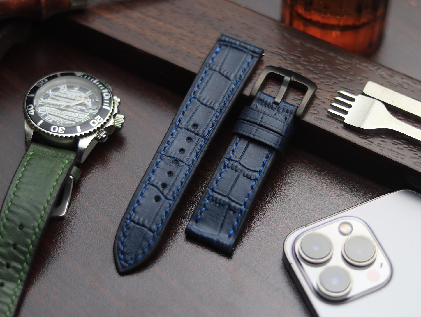 PREMIUM LEATHER STRAP SAPPHIRE BLUE - FULL STITCHED (BLUE)
