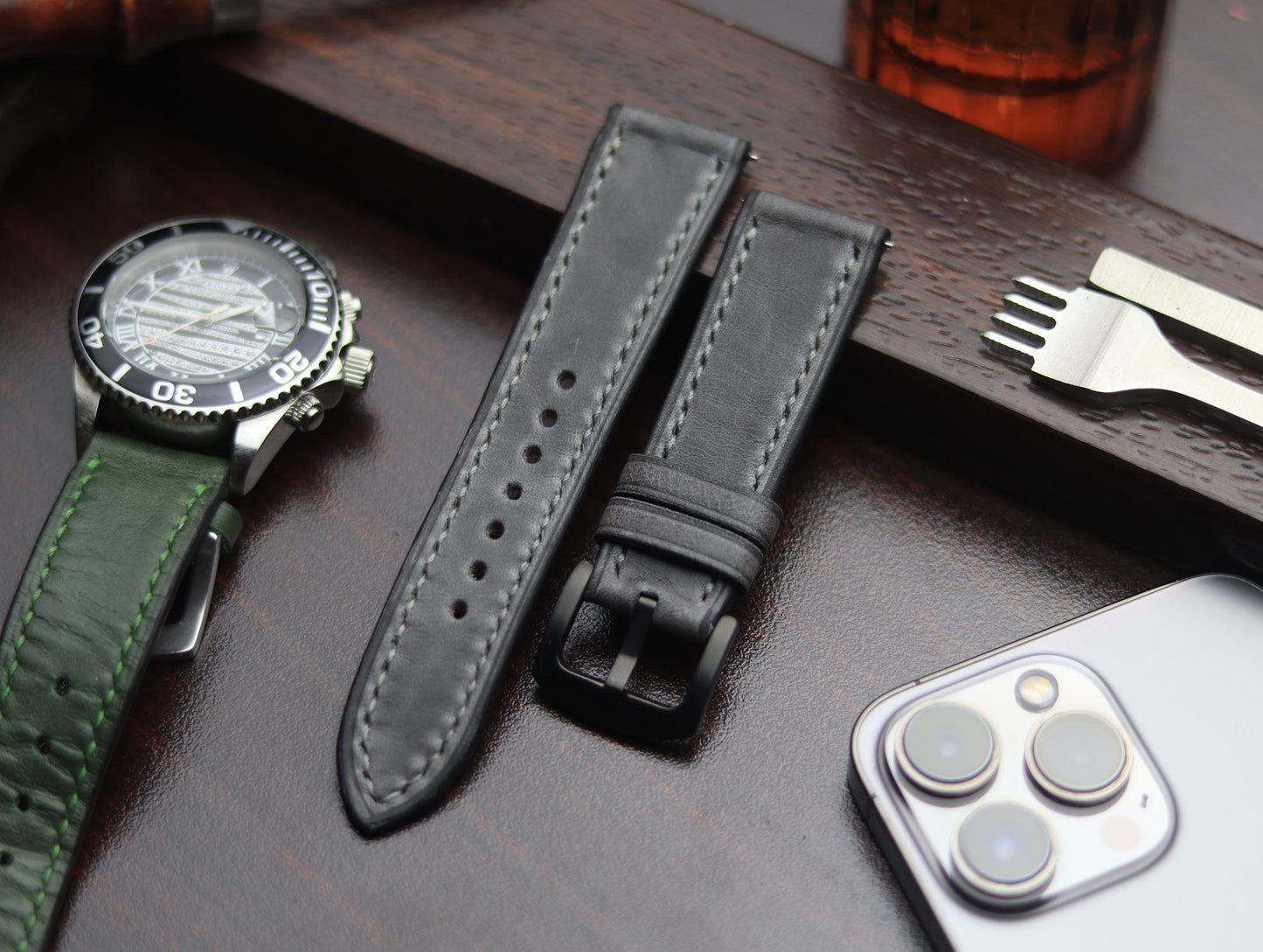 PREMIUM LEATHER STRAP EMPIRICAL GREY FULL STITCHED (GREY)