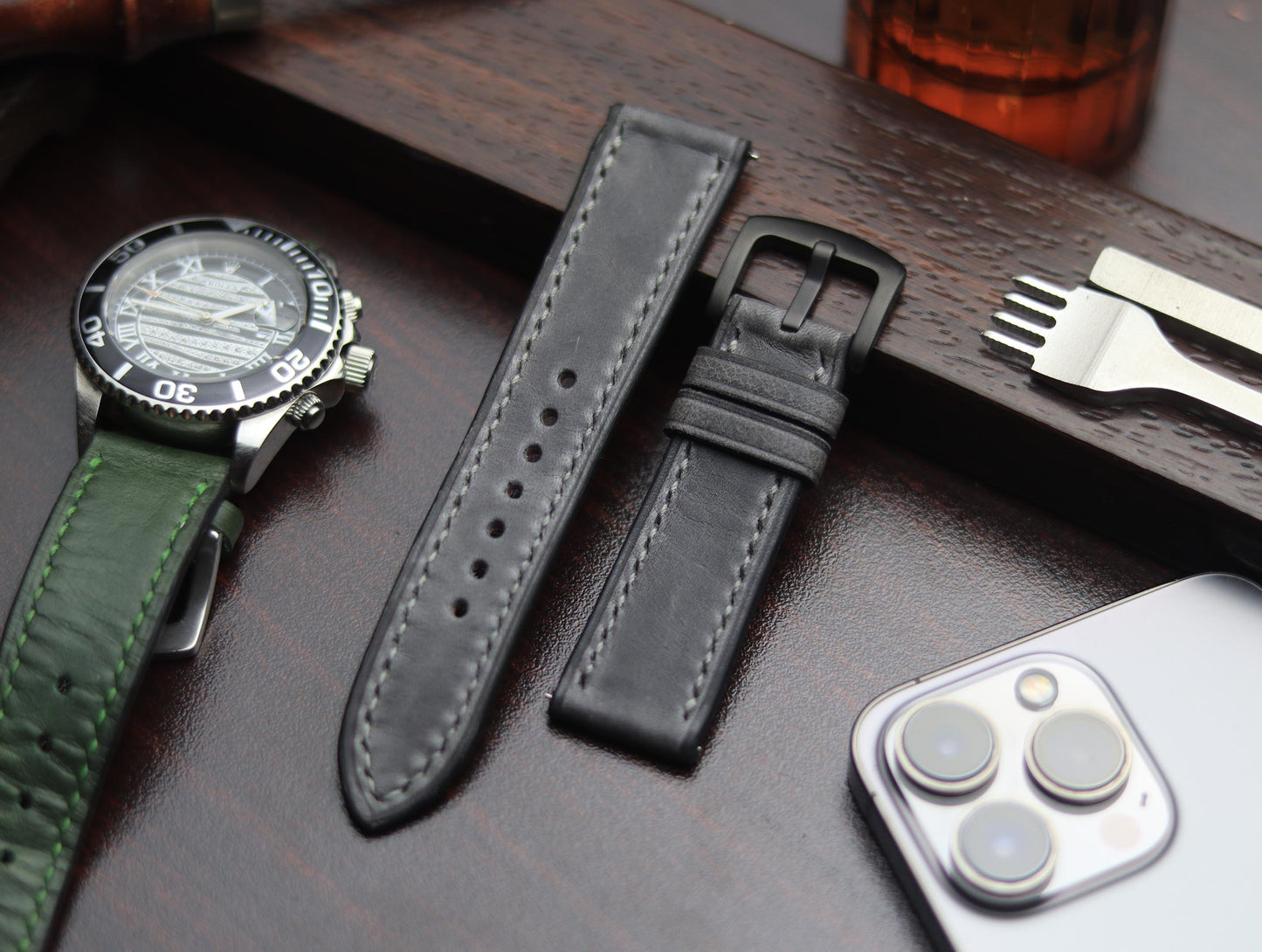 PREMIUM LEATHER STRAP EMPIRICAL GREY FULL STITCHED (GREY)