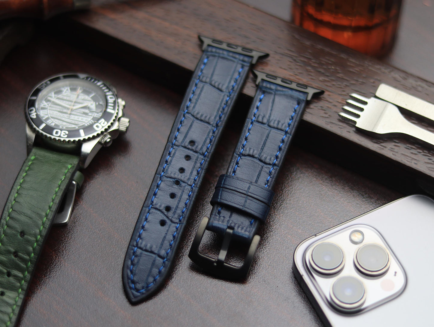 PREMIUM LEATHER STRAP SAPPHIRE BLUE - FULL STITCHED (BLUE)