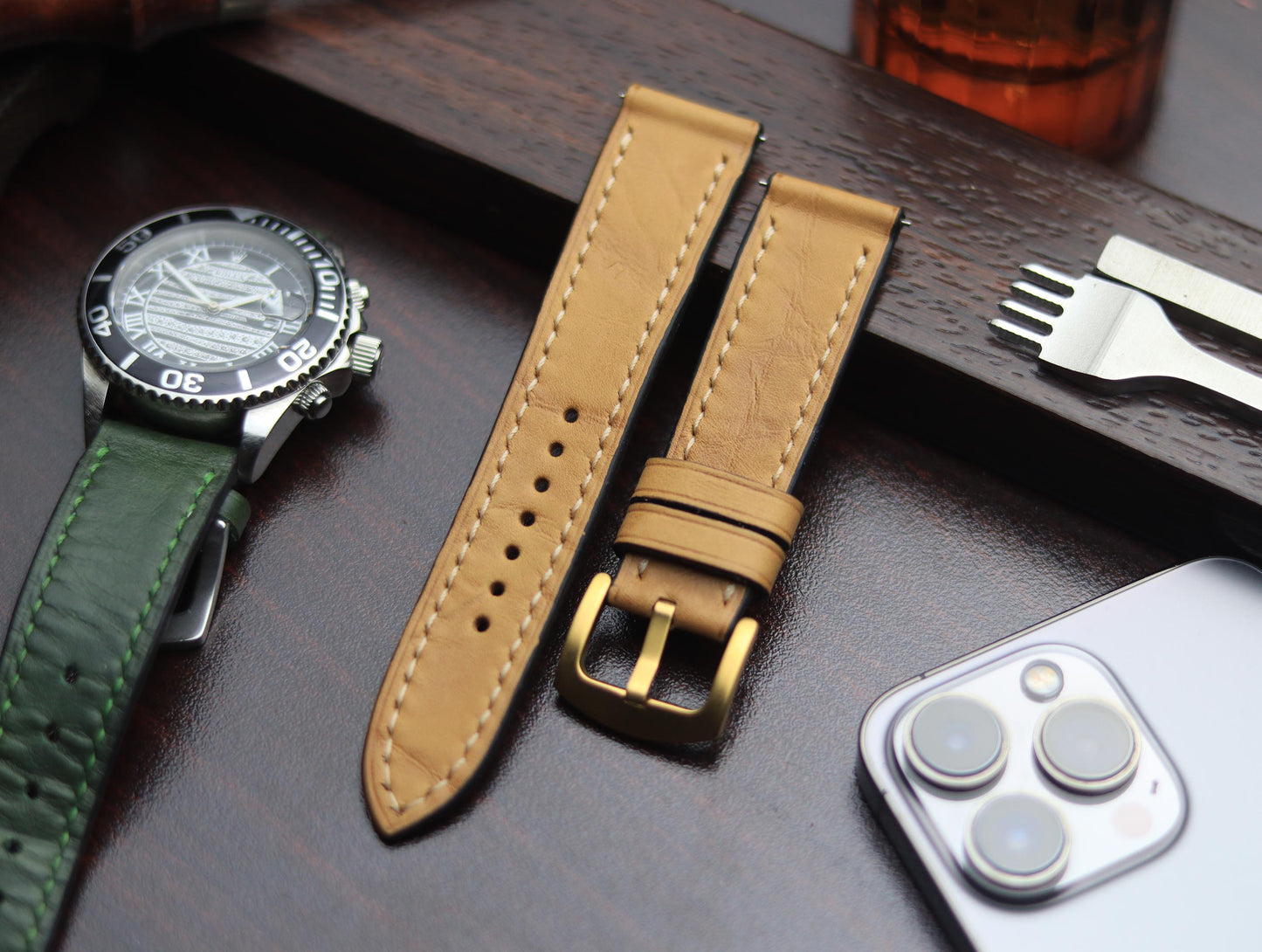 PREMIUM LEATHER STRAP WARM BEIGH FULL STITCHED (BEIGH)
