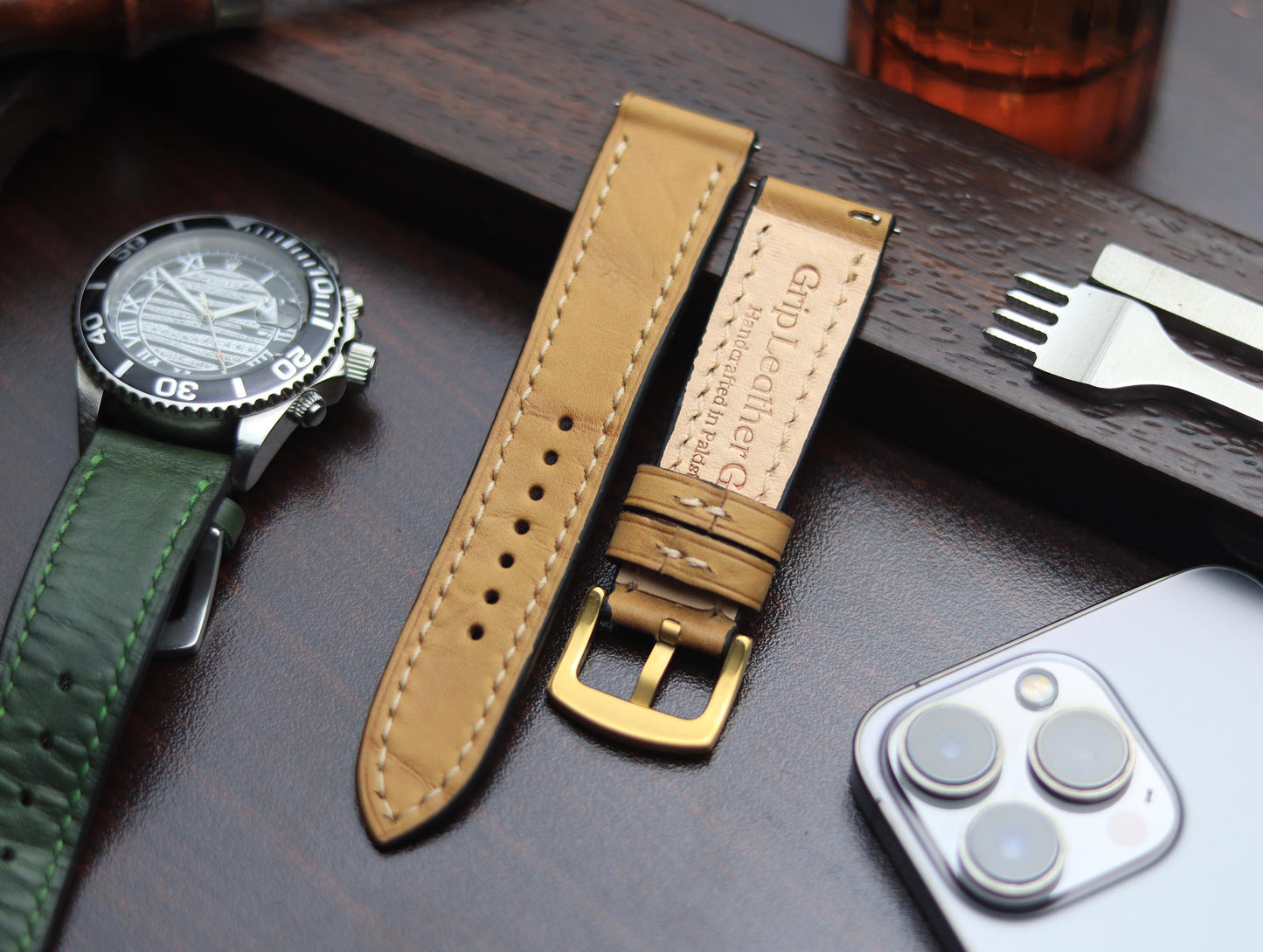 PREMIUM LEATHER STRAP WARM BEIGH FULL STITCHED (BEIGH)