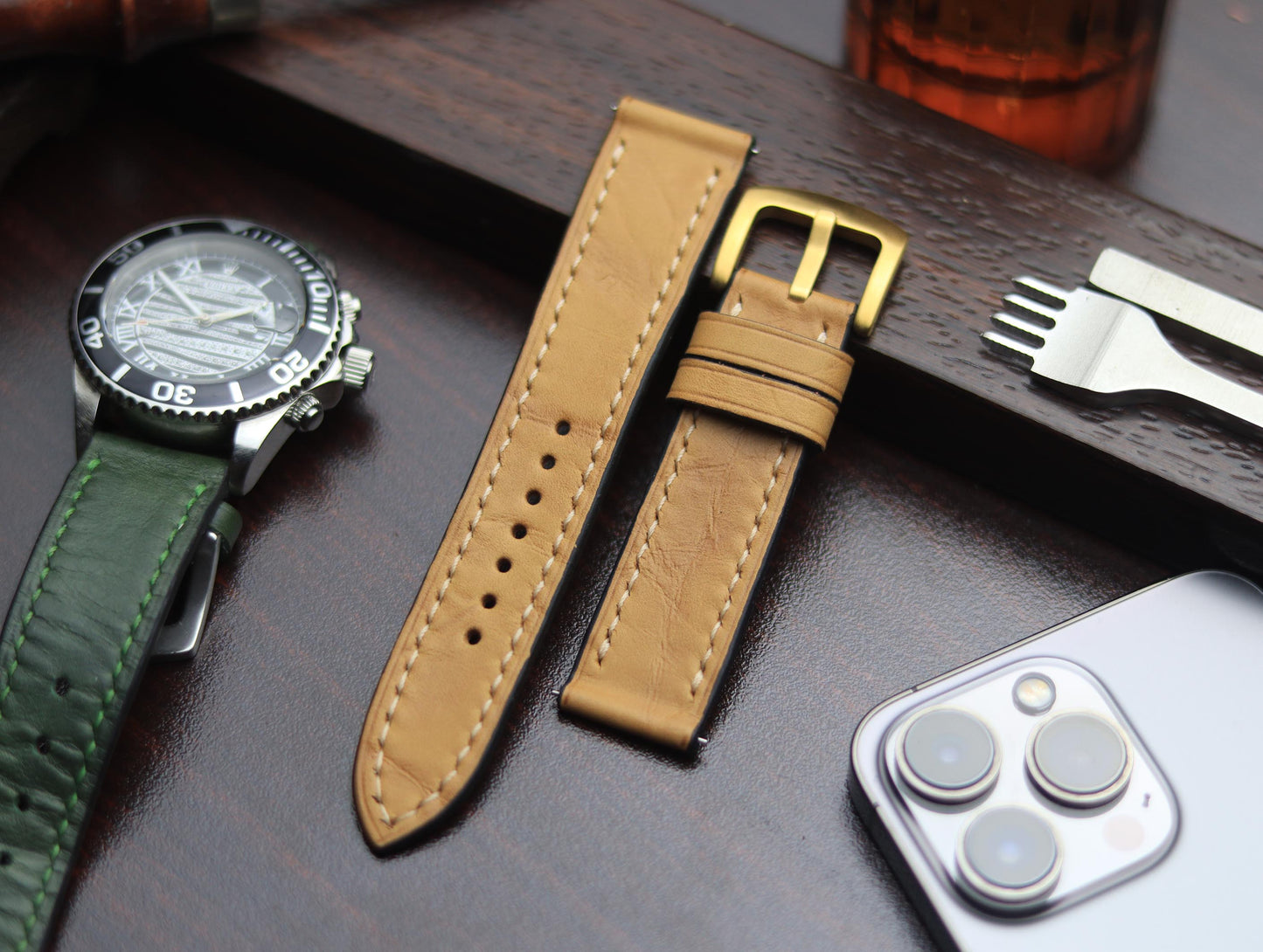 PREMIUM LEATHER STRAP WARM BEIGH FULL STITCHED (BEIGH)