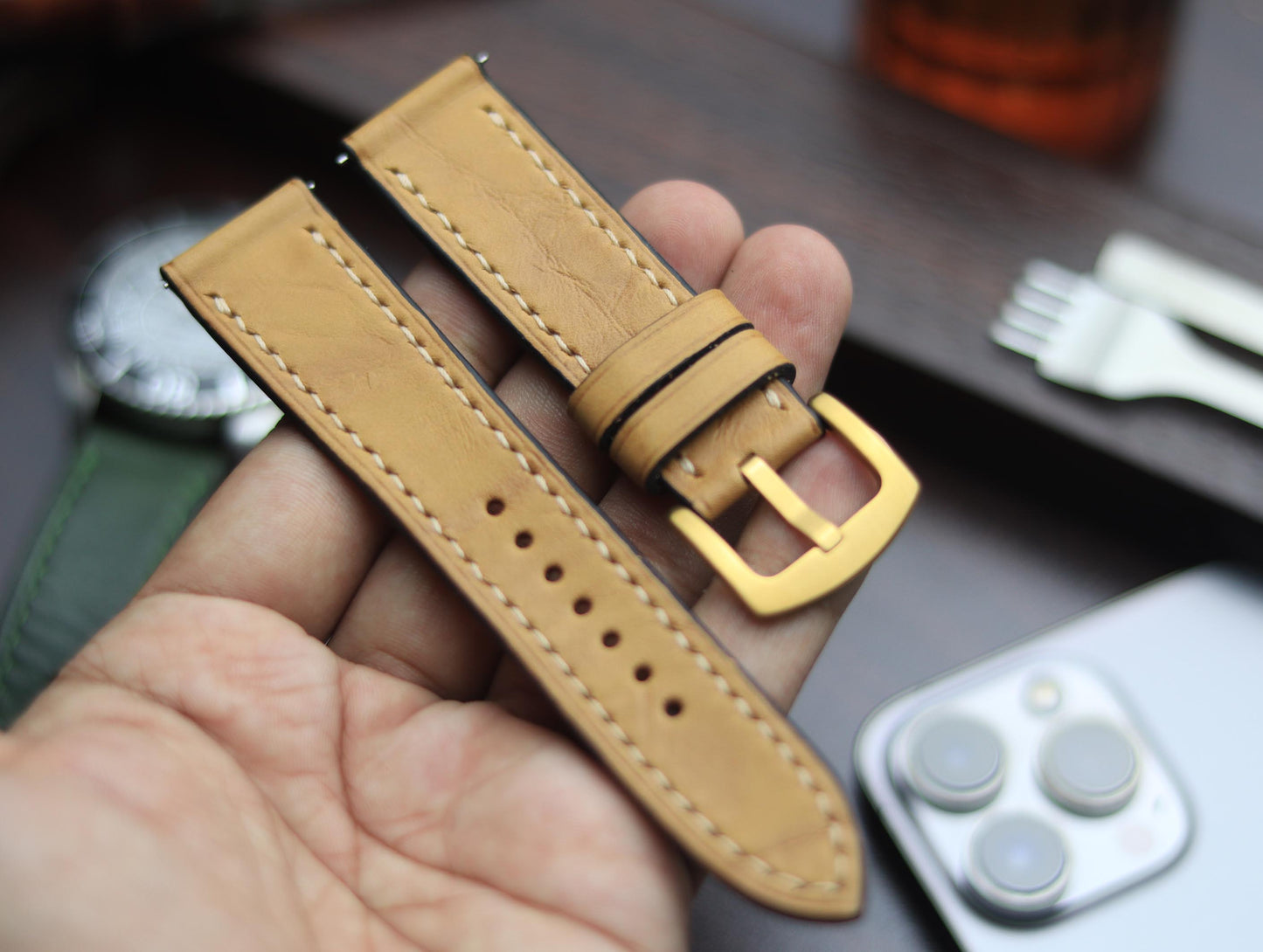 PREMIUM LEATHER STRAP WARM BEIGH FULL STITCHED (BEIGH)