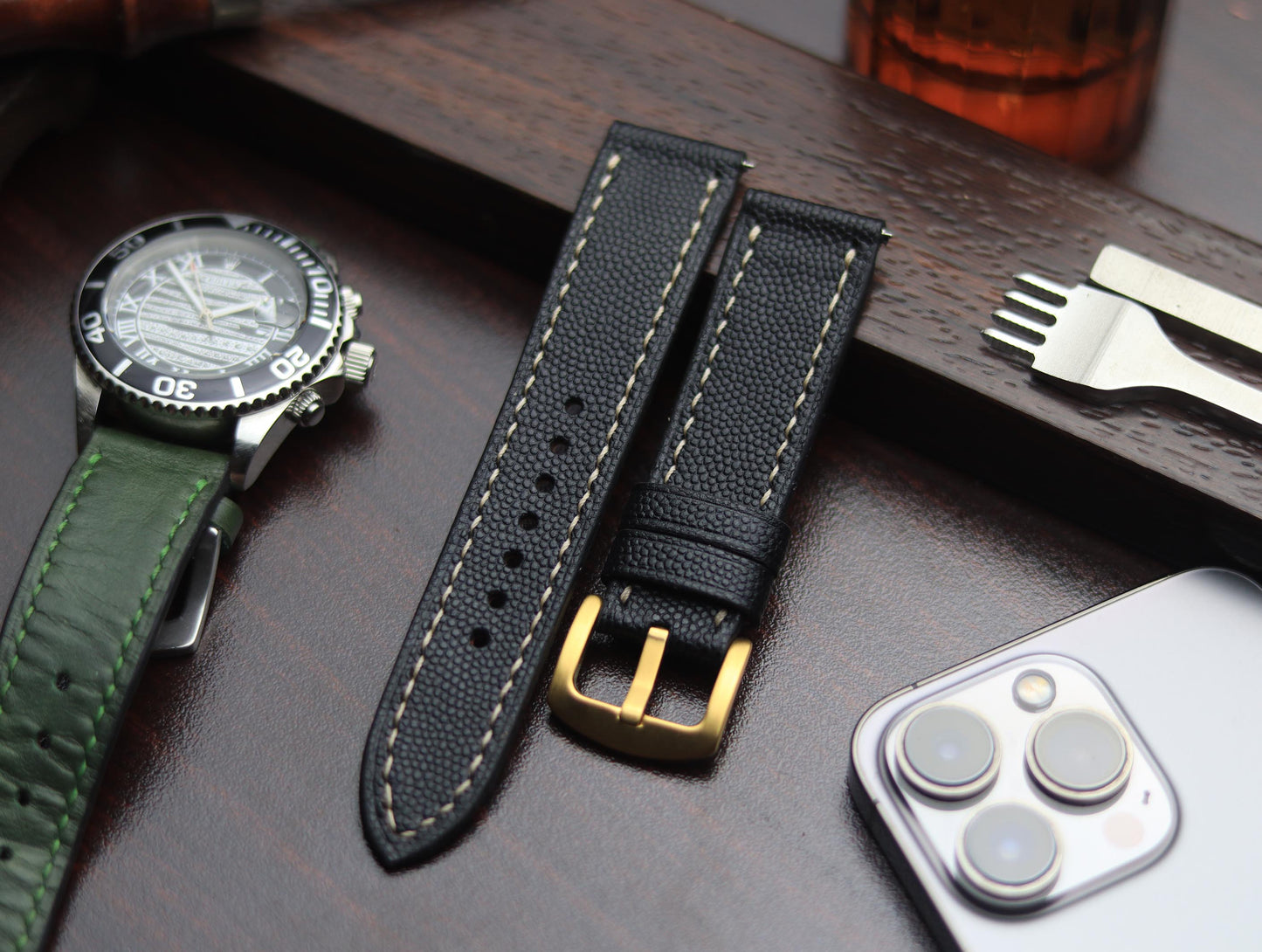 PREMIUM LEATHER STRAP SPIDER BLACK - FULL STITCHED (BEIGH)