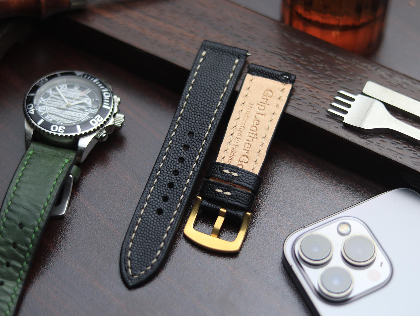 PREMIUM LEATHER STRAP SPIDER BLACK - FULL STITCHED (BEIGH)
