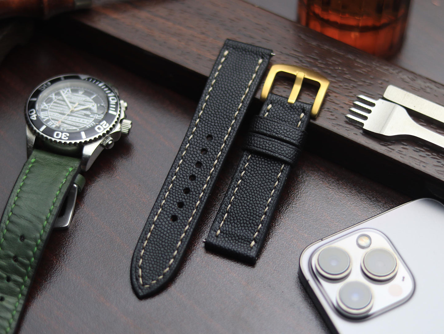 PREMIUM LEATHER STRAP SPIDER BLACK - FULL STITCHED (BEIGH)