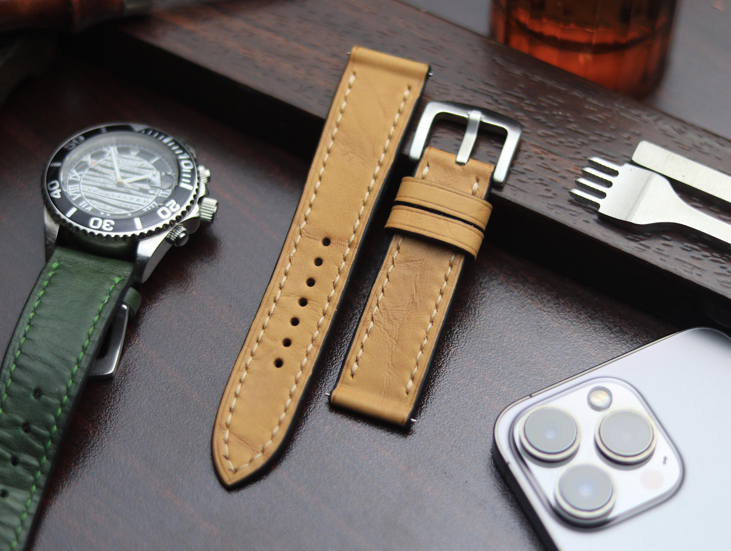 PREMIUM LEATHER STRAP WARM BEIGH FULL STITCHED (BEIGH)