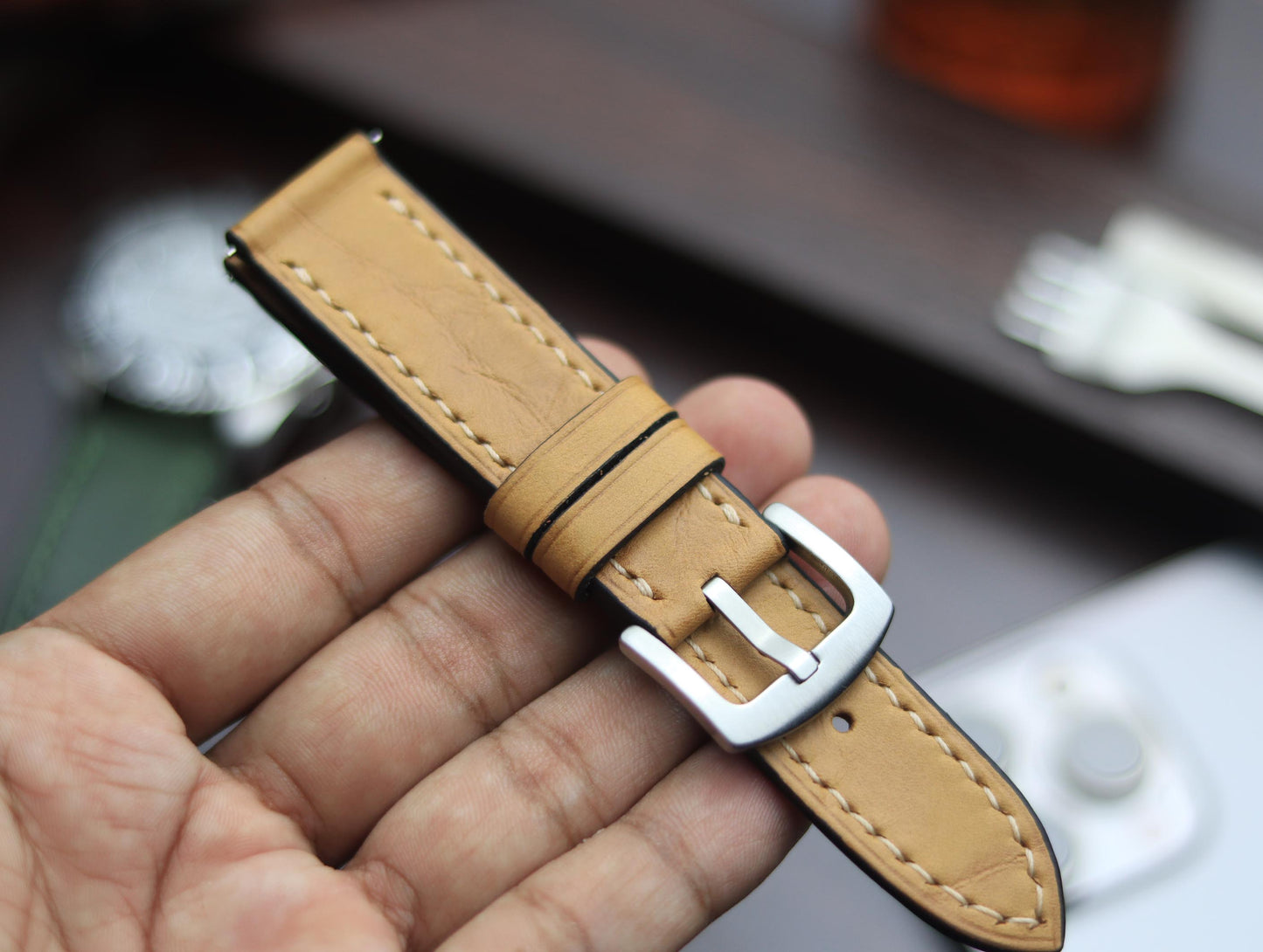 PREMIUM LEATHER STRAP WARM BEIGH FULL STITCHED (BEIGH)