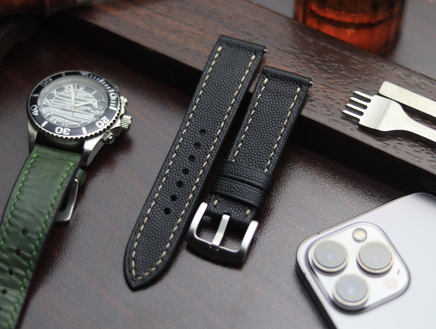 PREMIUM LEATHER STRAP SPIDER BLACK - FULL STITCHED (BEIGH)