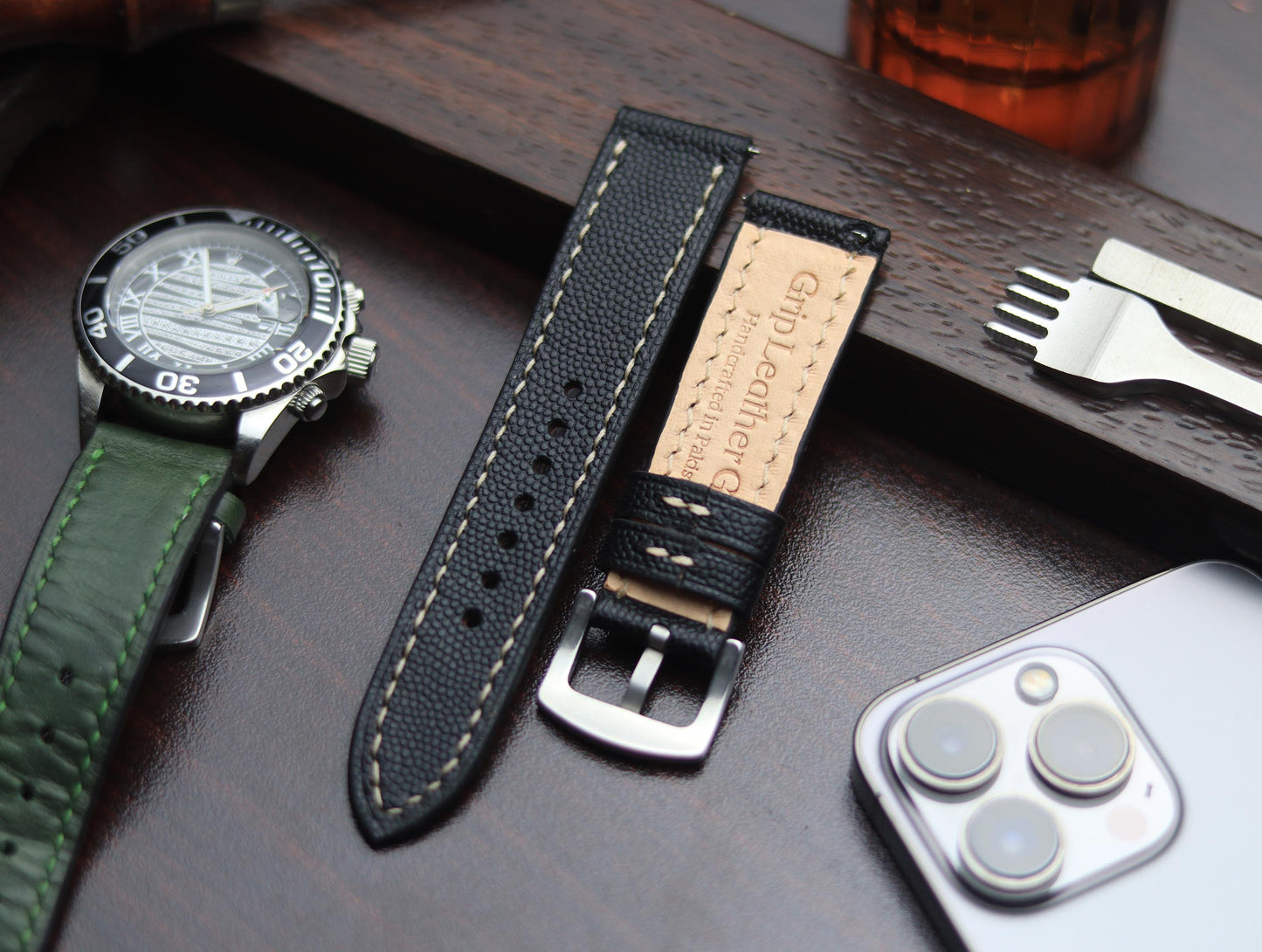PREMIUM LEATHER STRAP SPIDER BLACK - FULL STITCHED (BEIGH)
