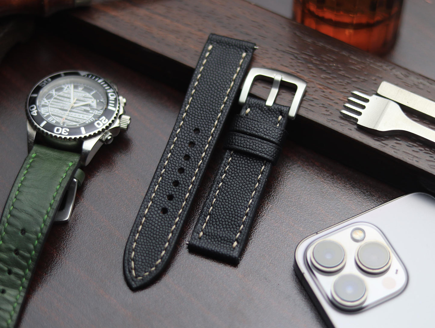 PREMIUM LEATHER STRAP SPIDER BLACK - FULL STITCHED (BEIGH)
