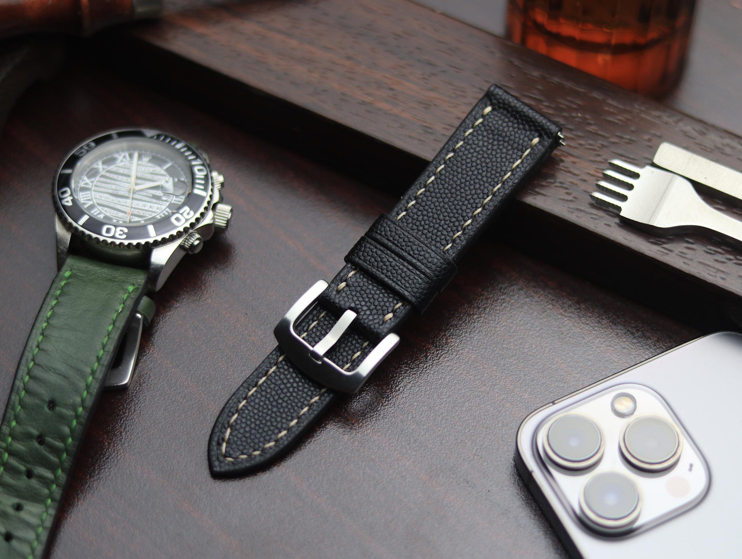 PREMIUM LEATHER STRAP SPIDER BLACK - FULL STITCHED (BEIGH)