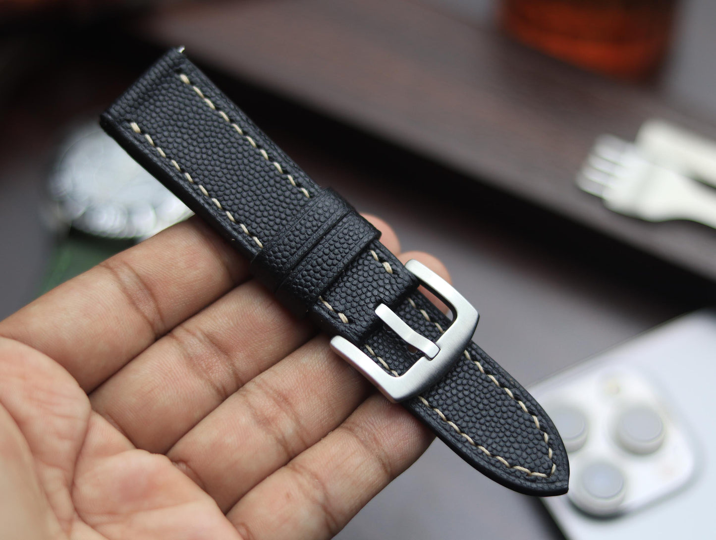 PREMIUM LEATHER STRAP SPIDER BLACK - FULL STITCHED (BEIGH)