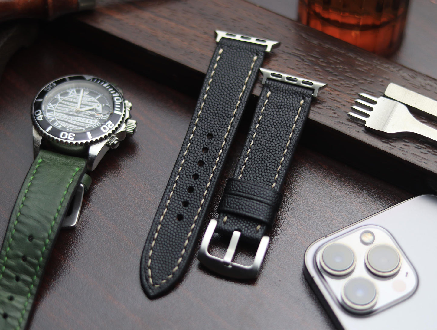 PREMIUM LEATHER STRAP SPIDER BLACK - FULL STITCHED (BEIGH)